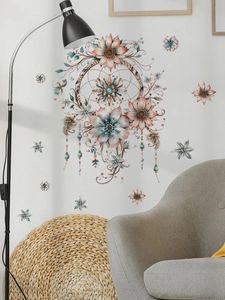 Close-up of a floral dreamcatcher wall sticker with butterflies in a cozy living room