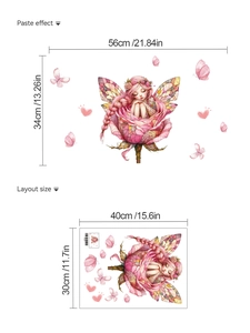 Detailed sheet of cartoon flower fairy wall stickers showing layout and size dimensions