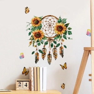 Bohemian sunflower dreamcatcher wall sticker with colorful feathers and butterfly decals