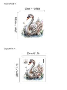 Technical layout of elegant swan PVC wall sticker with faux diamond details and size chart