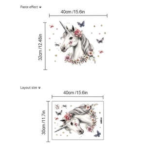 Cartoon unicorn wall stickers with flowers and butterflies for kids room wall decor