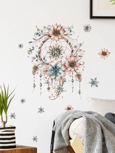 Detail of floral dreamcatcher wall stickers with pink sunflowers on white wall decor