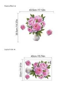 Détail de l'autocollant mural vase rose avec effet de pose et dimensions de la mise en page