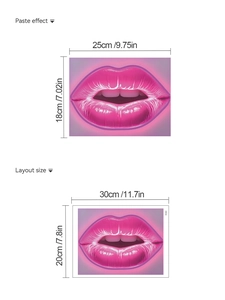 Size specifications for pink neon lip wall sticker showing 30x20cm layout and 25x18cm result