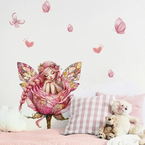 Cartoon Fairy Sleeping In Rose Wall Sticker Pink Butterfly Heart PVC Removable DIY Mural For Kids Room Bedroom Home Decor