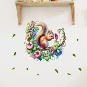 Cartoon Squirrel Morning Glory Flower Wall Sticker PVC Removable Self-Adhesive Decal For Living Room Bedroom Home Decor