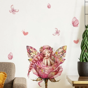 Cartoon flower fairy wall sticker with butterflies and pink roses for living room decor