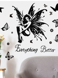 Detail of fairy wall sticker with butterflies and Everything Better quote on white wall