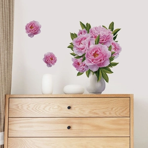 Sticker Mural Fleur de Pivoine Rose Dans Un Vase Décalcomanies Murales Florales en PVC Amovibles pour Salon Chambre Bureau