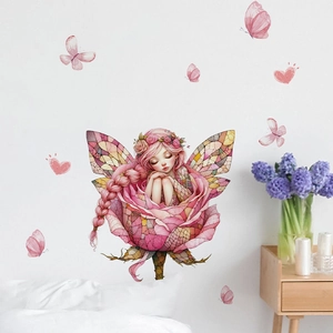 Cartoon flower fairy wall stickers with colorful wings and pink butterfly decals for bedroom