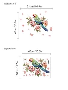 Detail showing parrot and cherry blossom wall sticker paste effect and layout dimensions