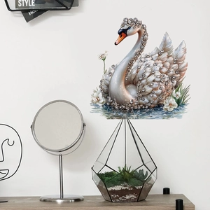 Elegant white swan wall sticker with diamond effect for modern living room decor