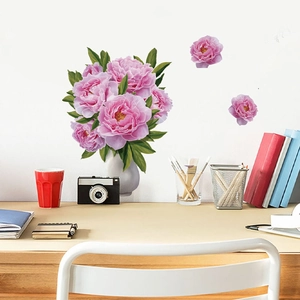 Sticker mural pivoines roses dans un vase blanc, décoration murale en PVC adhésif