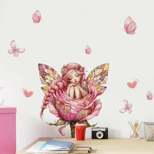 Cartoon fairy sleeping in pink rose wall sticker with butterflies for home decor