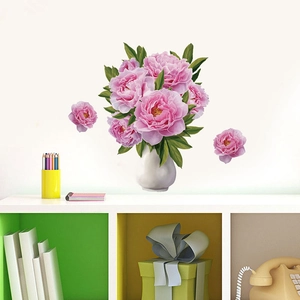 Stickers muraux vase pivoines roses pour décoration salon avec effet de peinture à l'huile