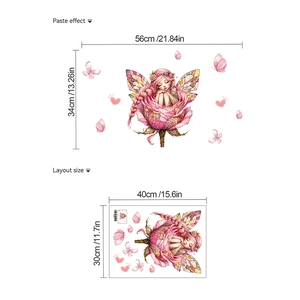 Cartoon flower fairy wall sticker with butterflies and pink hearts for room decor