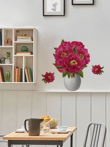 Living room decor showing red peony wall stickers with vase on white wall