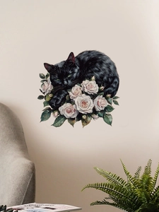 Detail of cartoon black cat resting among white roses wall sticker for living room decor
