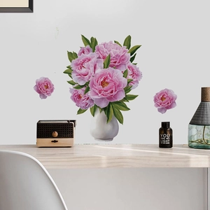 Stickers muraux en PVC pivoines roses dans un vase blanc pour décoration de salon