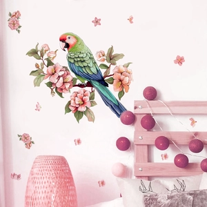 Colorful parrot and pink cherry blossom wall decal for living room and bedroom decor