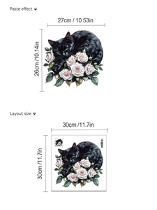 Detail showing cartoon black cat and rose wall sticker with product layout dimensions