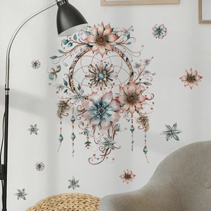 Bohemian dreamcatcher wall decal with floral accents for bedroom or living room decor