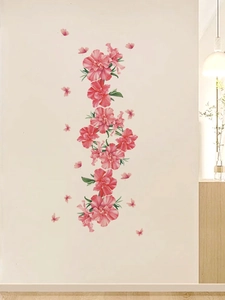 Detailed view of pink hibiscus flower wall stickers with butterfly accents in cozy room