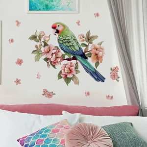 Green parrot and pink floral self-adhesive wall decals for a cozy bedroom wall decoration