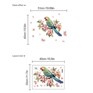 Parrot with flowers wall sticker showing paste effect and layout dimensions for decor