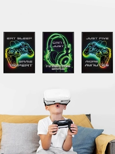 Three-piece neon gaming wall art set featuring headset and controller designs in room