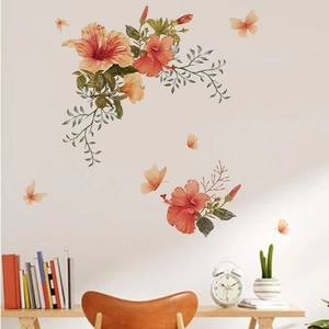 Sticker Mural Fleur d'Hibiscus Orange Avec Papillons Amovible PVC Auto-Adhésif Décalcomanie pour Salon Chambre Décoration