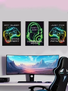 Three-piece neon gaming posters featuring gamepad and headset for wall decoration