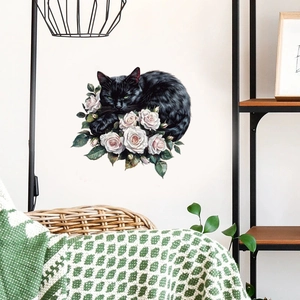 Cartoon black cat and white roses wall sticker for elegant living room wall decor