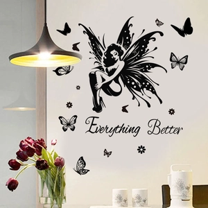Minimalist black butterfly fairy wall sticker with Everything Better quote for home decor