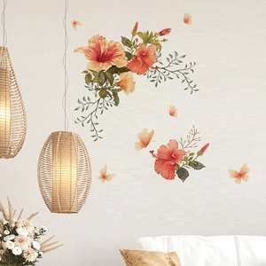 Stickers muraux autocollants de fleurs d'hibiscus orange et papillons pour salon chaleureux