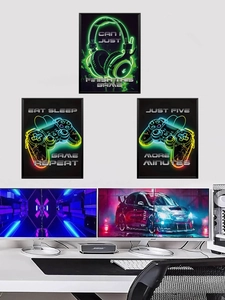 Detailed wall art display showing neon gaming headset and controller posters in a setup