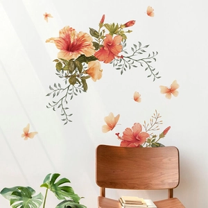 Stickers muraux fleurs d'hibiscus orange avec feuilles vertes et papillons décoratifs