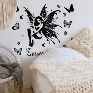 Black fairy and butterfly silhouette wall decal for modern bedroom interior decor