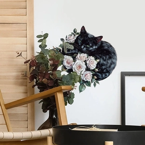Cartoon black cat and white roses PVC wall sticker for home living room decoration