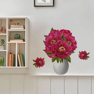 Red Peony Flower Vase Wall Sticker Removable PVC Floral Wall Decal For Living Room Bedroom Study Home Decor