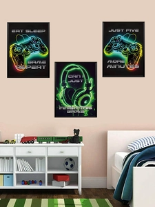 Neon game controller posters with Eat Sleep Game Repeat text for bedroom wall decoration