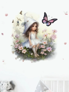 Nursery scene showing a girl in flowers with butterflies wall decal above a white crib