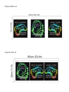 Detail view of neon gaming wall stickers showing layout and size dimensions of 60x30cm