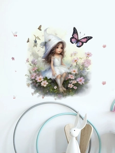 Detail of girl and flowers wall sticker in a cozy living room with bunny decor