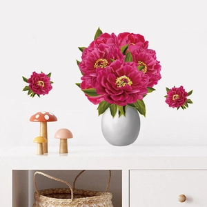Self-adhesive wall stickers with pink peony flowers and vase for living room decor
