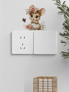 Cute mouse wall sticker with pink floral wreath and butterfly on a white wall decor