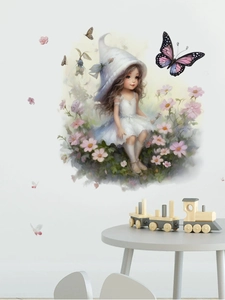 Detail view of watercolor floral wall sticker with a girl and pink butterflies in a living room