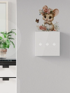 Detail showing mouse wall sticker above white three-way smart glass touch light switch