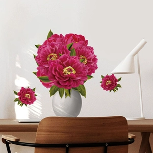 Peonies in white vase wall decal, red flower PVC mural for cozy living room decoration