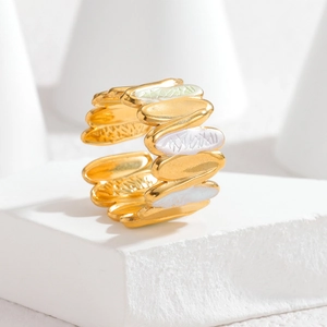 18k gold irregular stainless steel open ring with green and white enamel details